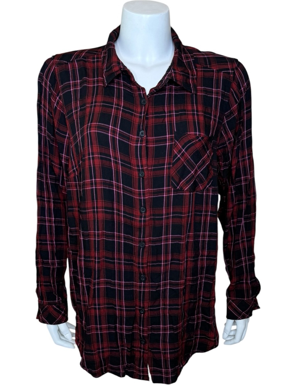 Torrid Milly Plaid Button-Up Shirt 2X Black Maroon Long Sleeve Rayon